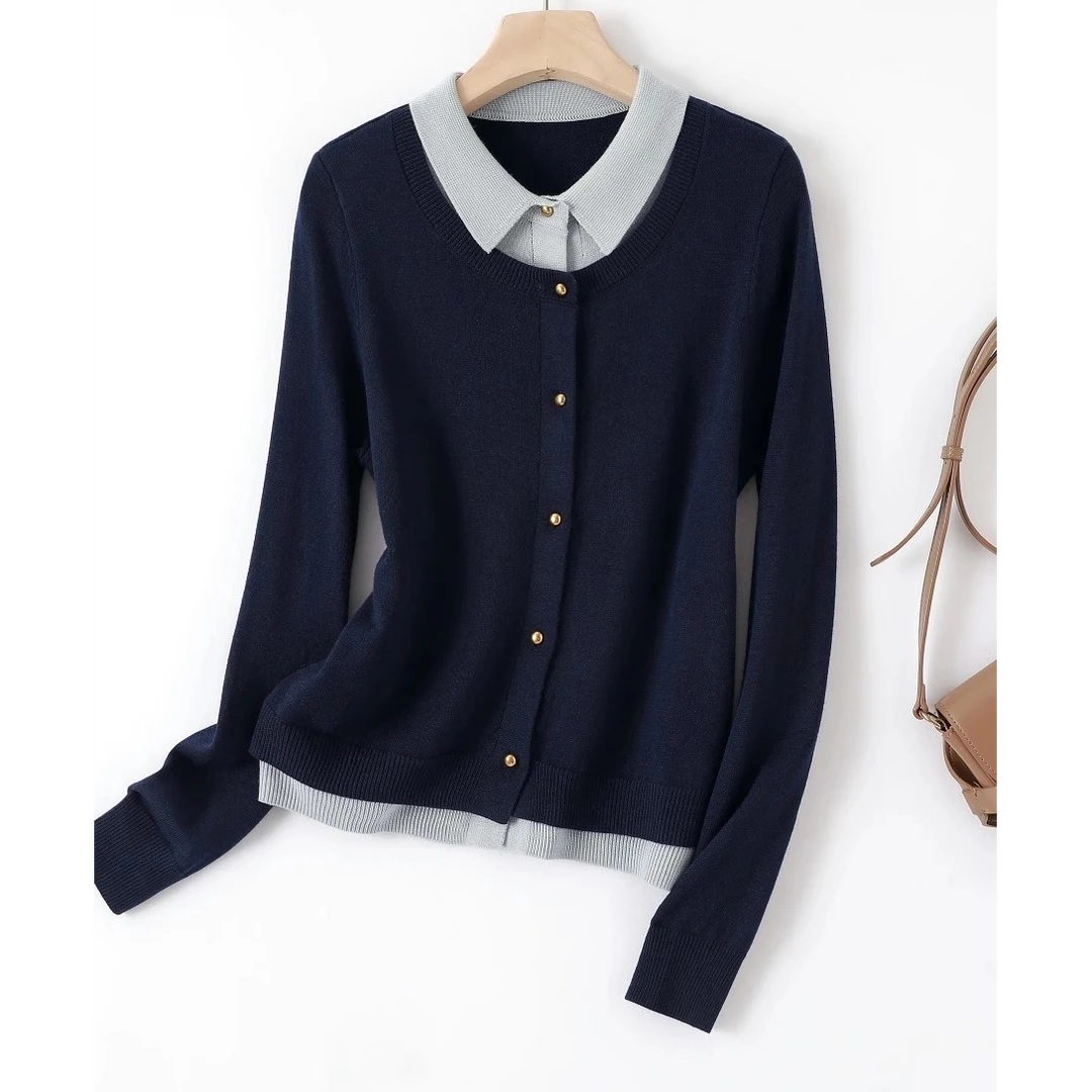 2025年秋季新款女装气质时尚百搭翻领假两件针织衫显瘦上衣G4-33