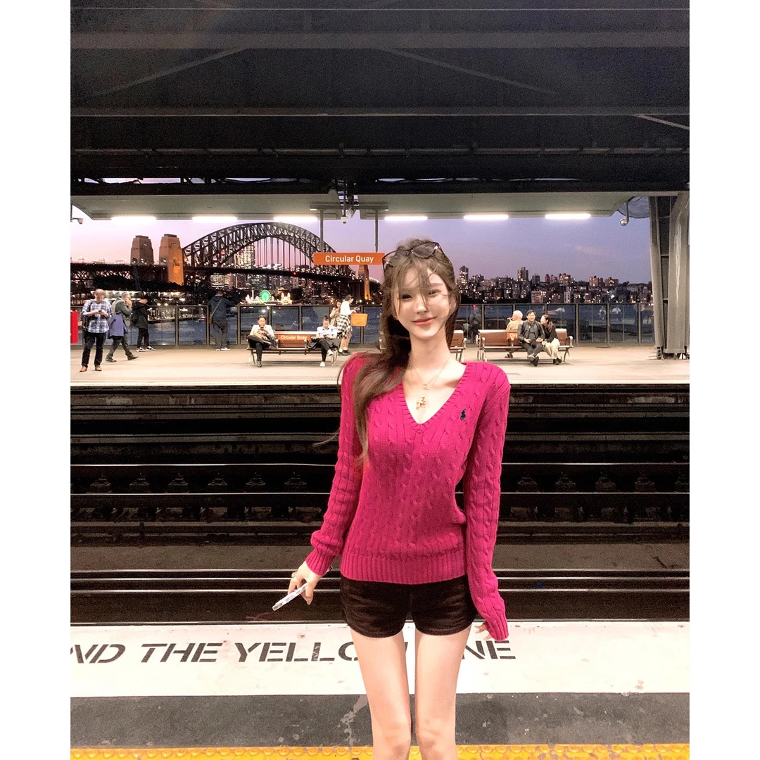 【现货】小众韩版套头2025春秋季新款v领刺绣打底上衣显瘦百搭A6-11