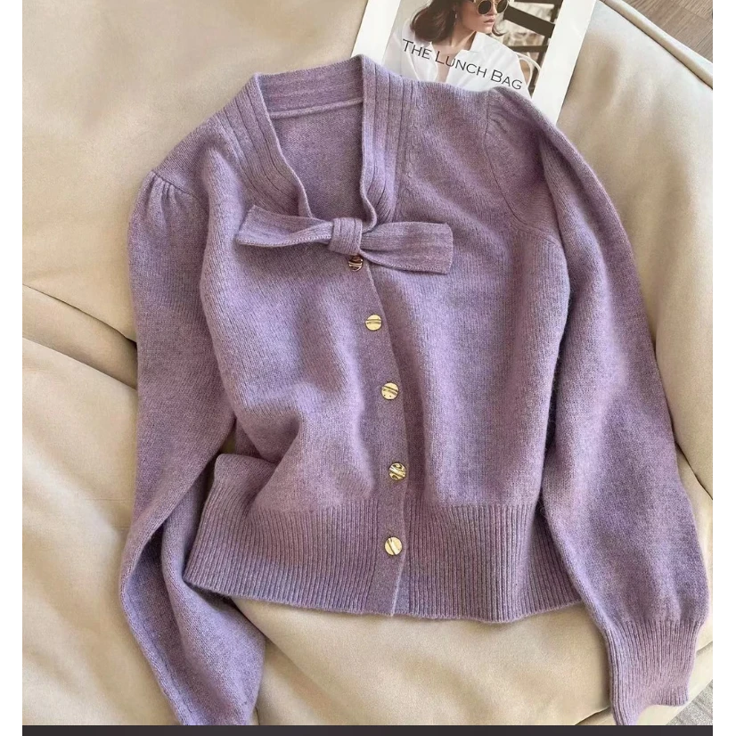 2025季法式蝴蝶结针织衫新款设计感单排扣毛衣百搭上衣H3-18