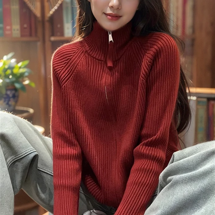 本命年红色高领双拉链毛衣女秋冬2026新款爆款针织开衫外套A6-22