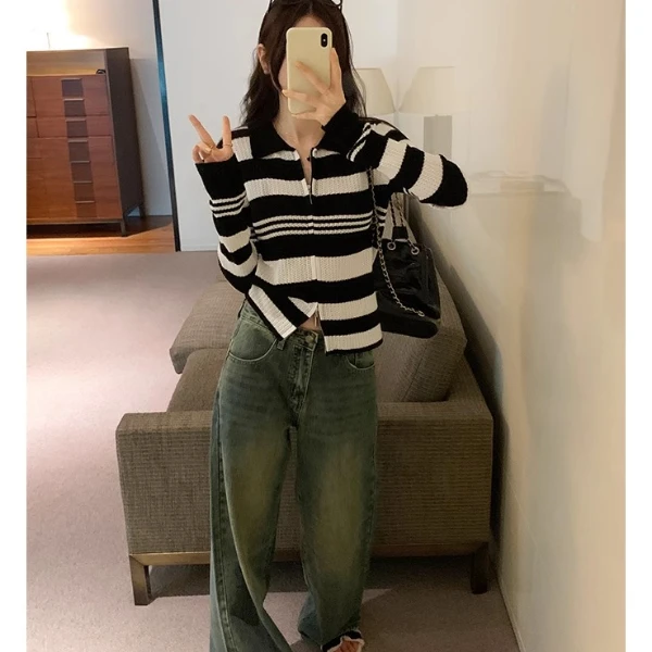 设计感双拉链条纹长袖针织衫女士2025秋冬新款小众气质上衣G5-12