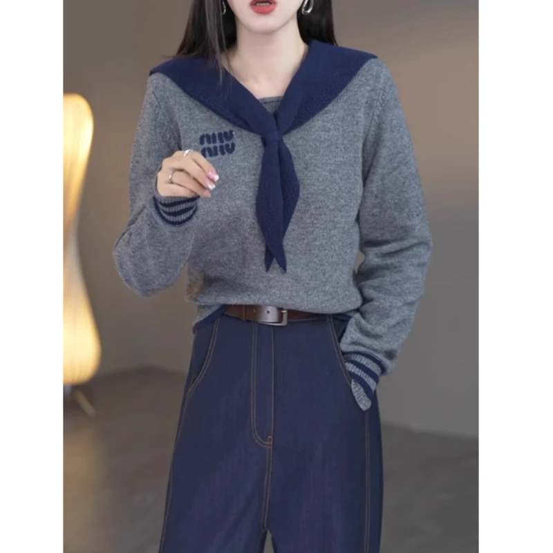 海军领假两件针织打底衫女春秋2026新款上衣字母毛衣设计感G5-47