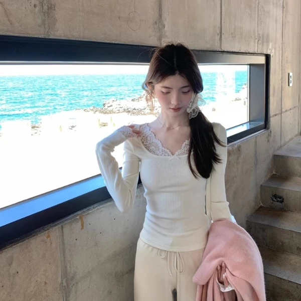 2025新款纯欲时尚蕾丝花边针织衫拼接修身显瘦气质早秋上衣F6-48