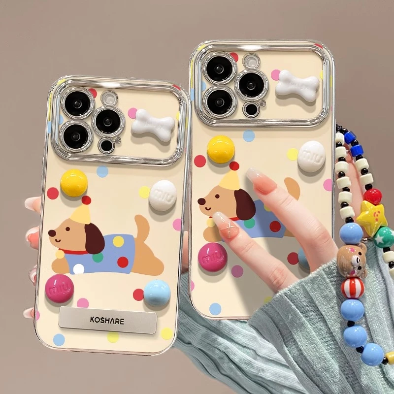 波点小狗立体豆适用iPhone13苹果14支架手机壳15promax硅胶12网红