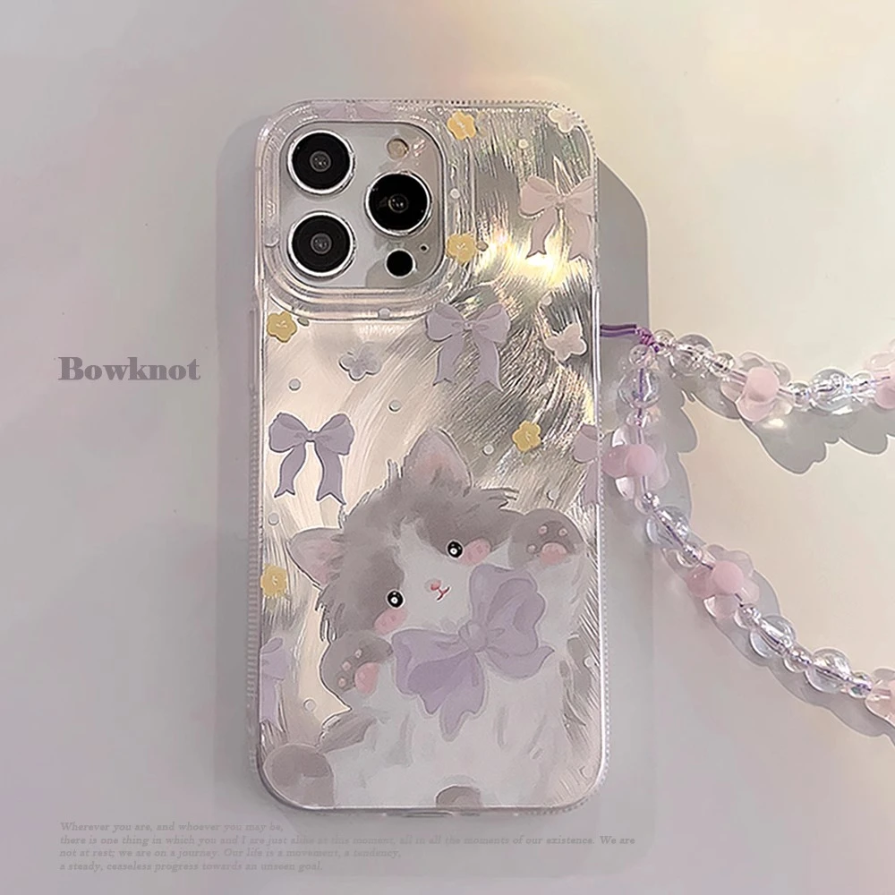 紫色蝴蝶结猫咪适用iPhone13苹果14可爱手机壳15promax手链7p小众
