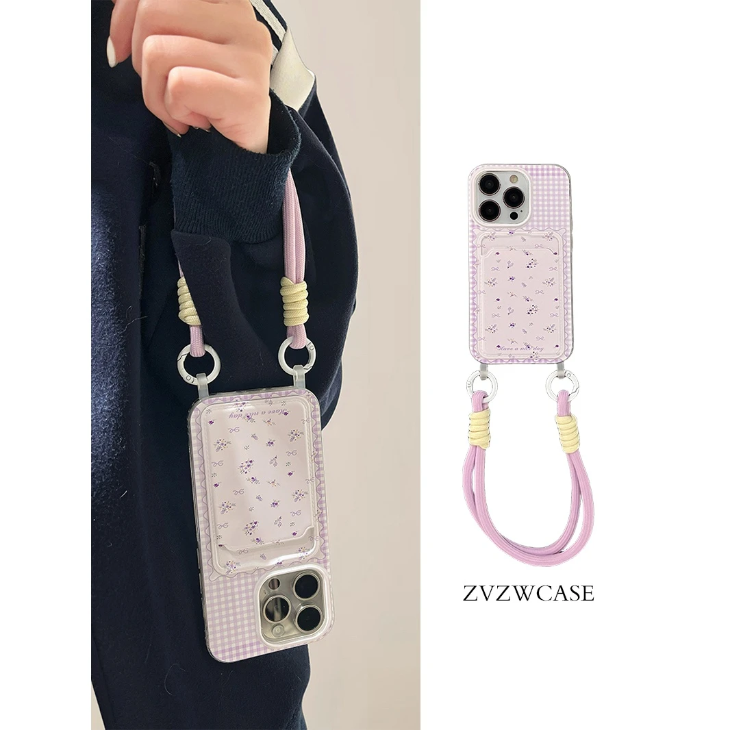 春日紫色格纹碎花适用iPhone13苹果12防摔手机壳14promax挂绳卡通
