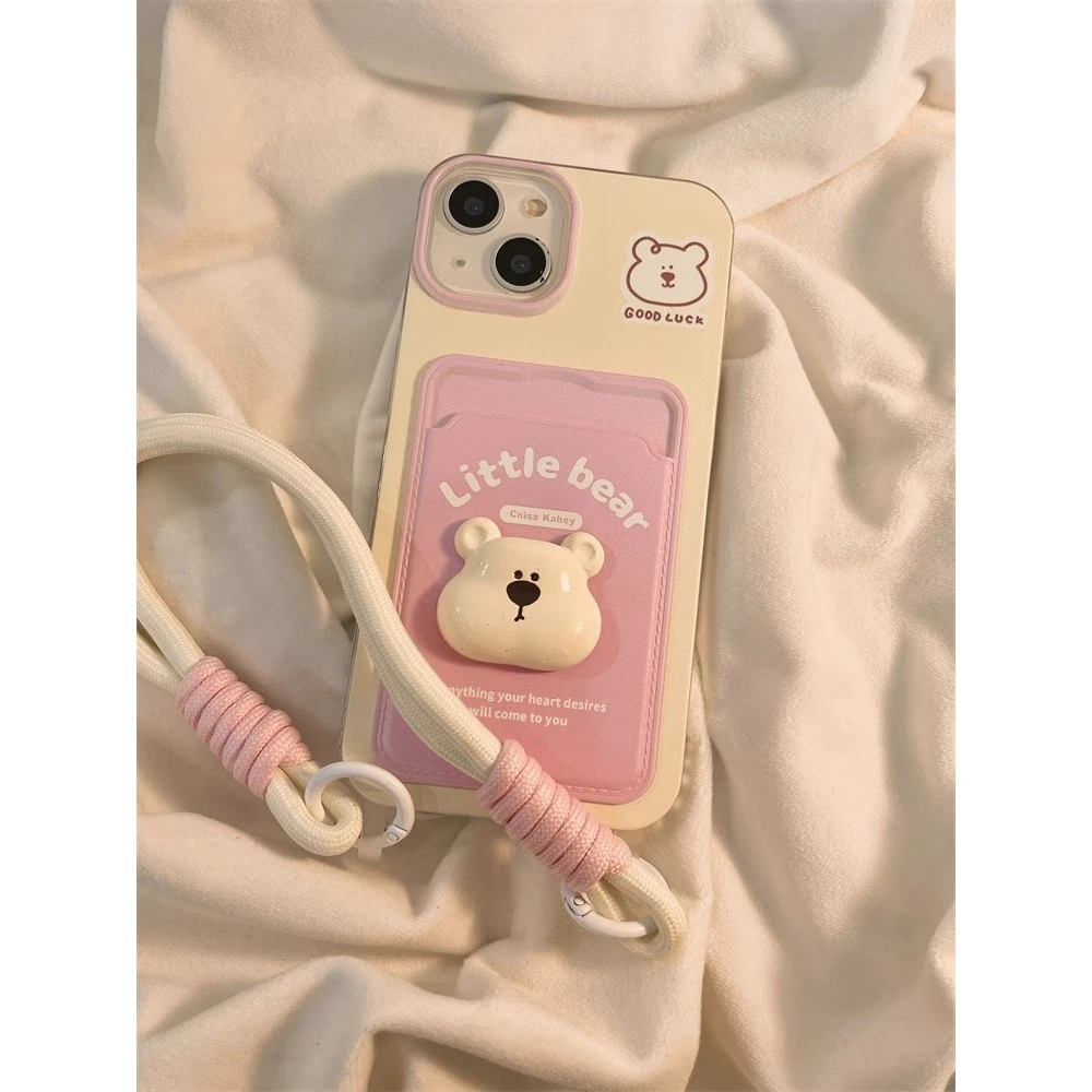 可爱卡通小熊适用iPhone13苹果15挂绳手机壳14promax网红卡包韩风