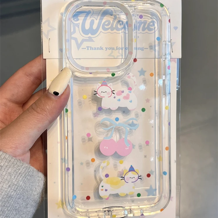 波点樱桃小猫适用iPhone15苹果14手机壳13promax透明11创意12可爱