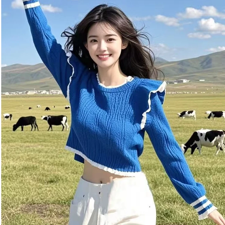 大码蓝色木耳边毛衣女2024秋冬季圆领百搭别致长袖针织衫打底衫