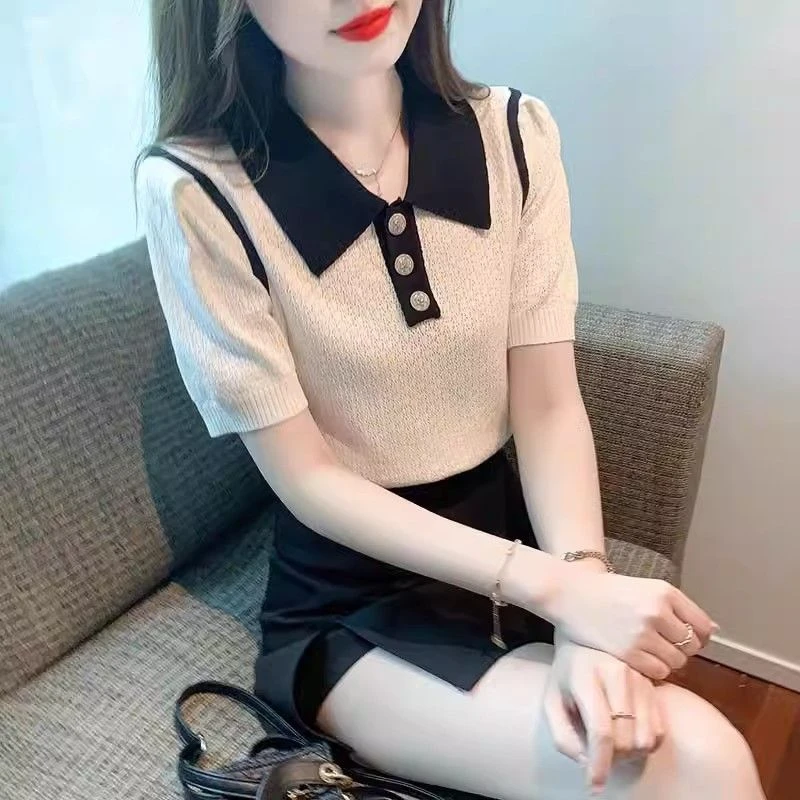 【专柜大码】夏季新款小香风针织衫薄款polo领时尚百搭短袖胖mm上衣