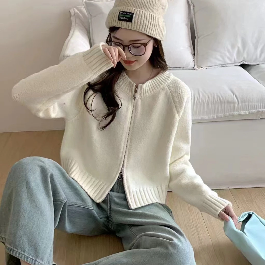 韩系针织开衫女士深秋初冬穿搭休闲中长款毛衣外套7694