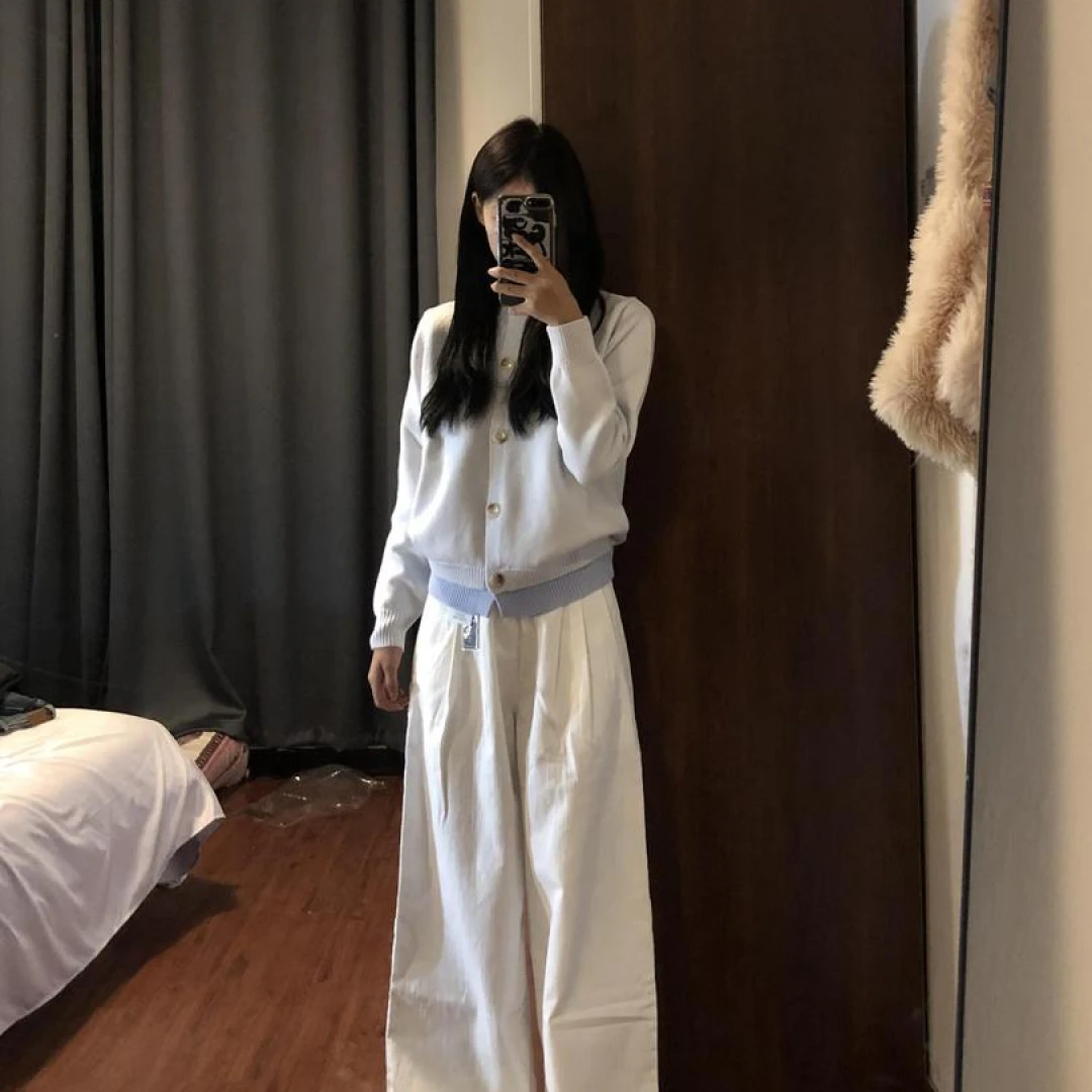 3407+3378套装轻熟盐系高级感毛衣开衫直简休闲阔腿裤两件套装