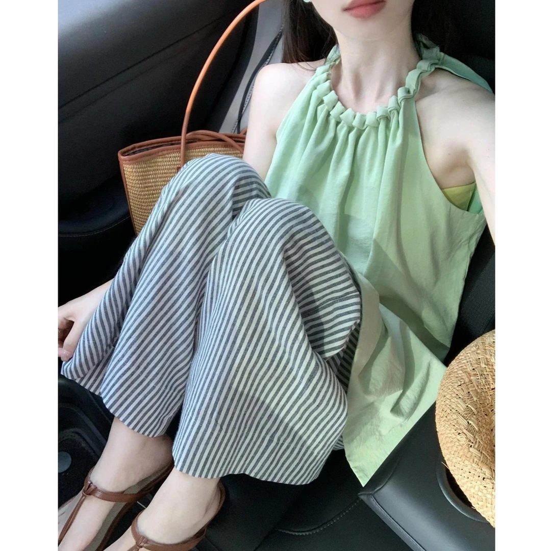 9816夏季韩系温柔风条纹阔腿裤