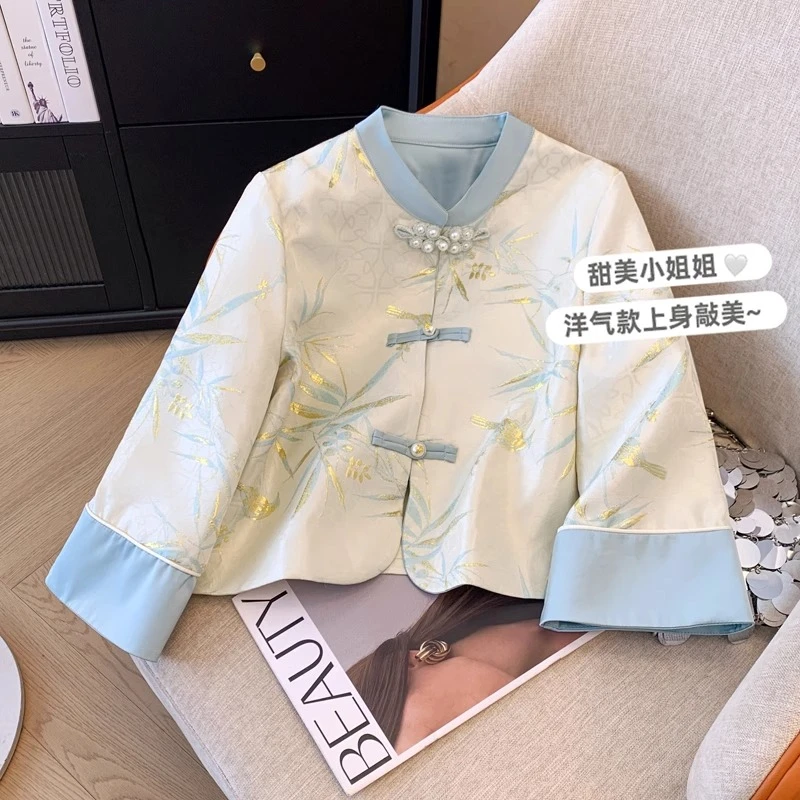 9542今年流行新中式国风烫金外套女春季新款大码胖mm显瘦开衫上衣