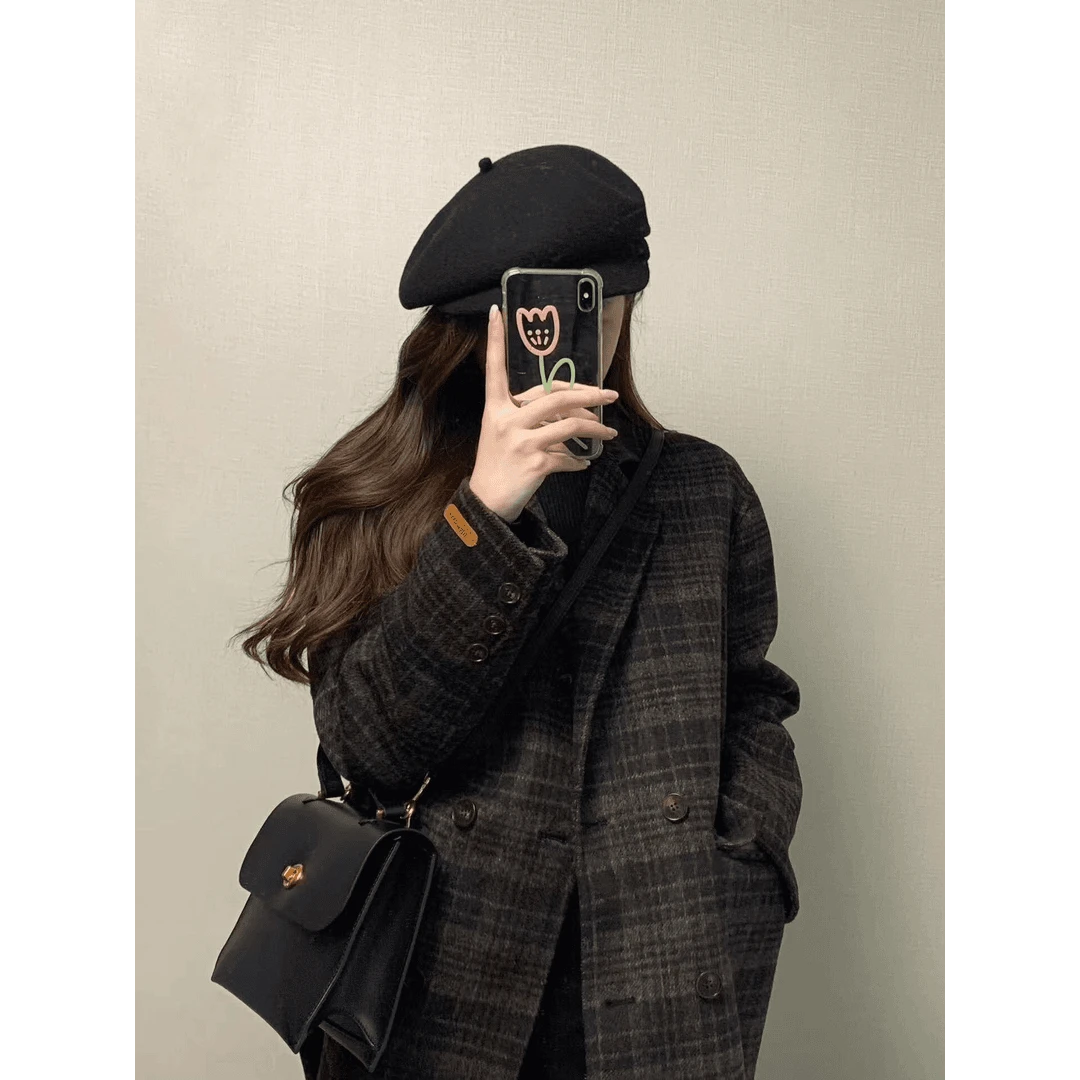 2024年秋冬新款女懒慵毛呢外套高级感百搭时髦黑色休闲裤子两件套