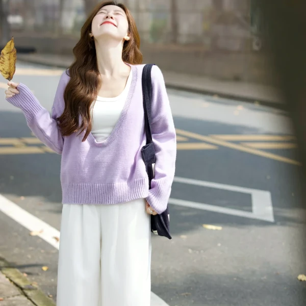 2024入秋一整套女韩系穿搭紫色V领针织背心上衣搭配休闲裤三件套