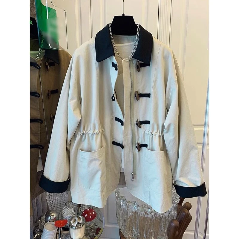 8775秋冬装新款小个子新中式高级感木扣中长款风衣宽松显瘦外套女