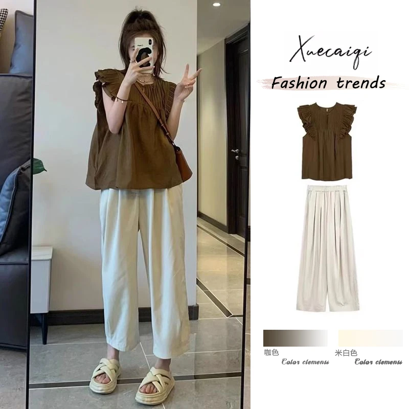 9691+9692胖mm遮肉显瘦阔腿裤时尚气质套装夏飞飞袖压褶衬衫上衣