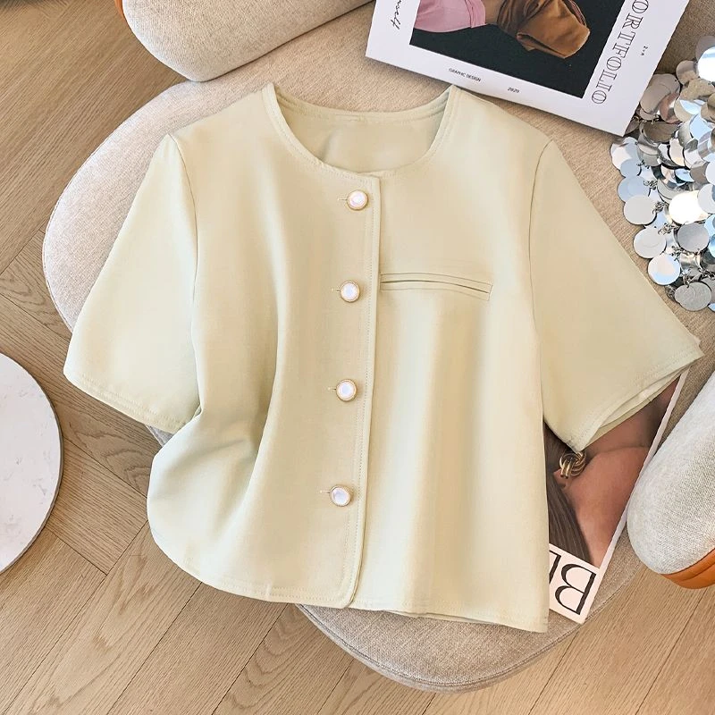 小香风短袖西装外套女夏季薄款大码胖mm显瘦时尚复古高级开衫上衣
