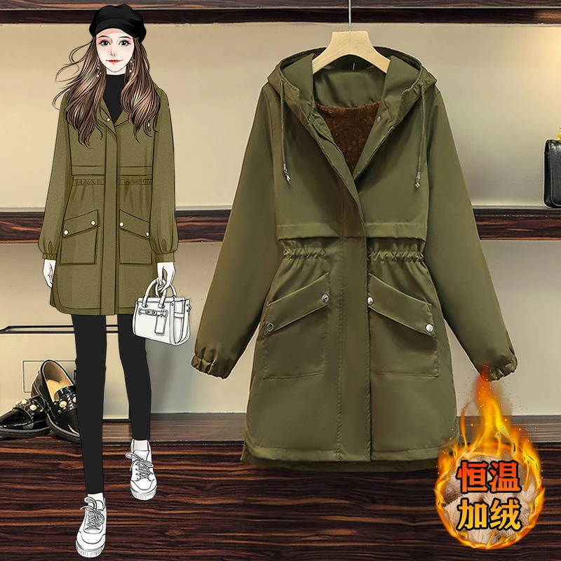 6667胖妹妹风衣外套女冬季加绒加厚棉衣新款中长款收腰连帽棉服