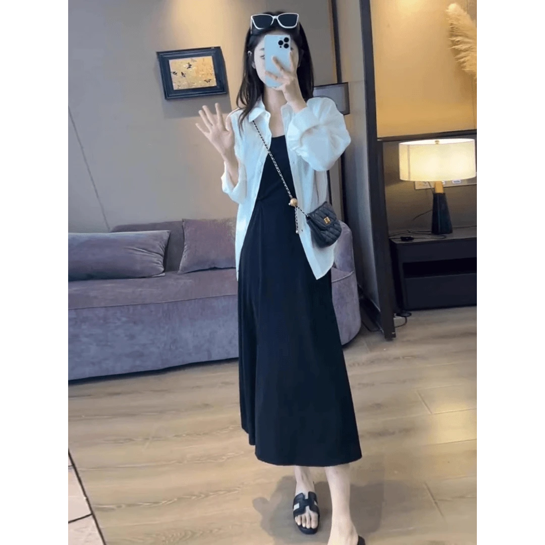 大码胖mm法式收腰背心连衣裙女夏防晒衬衫搭配吊带长裙两件套装裙