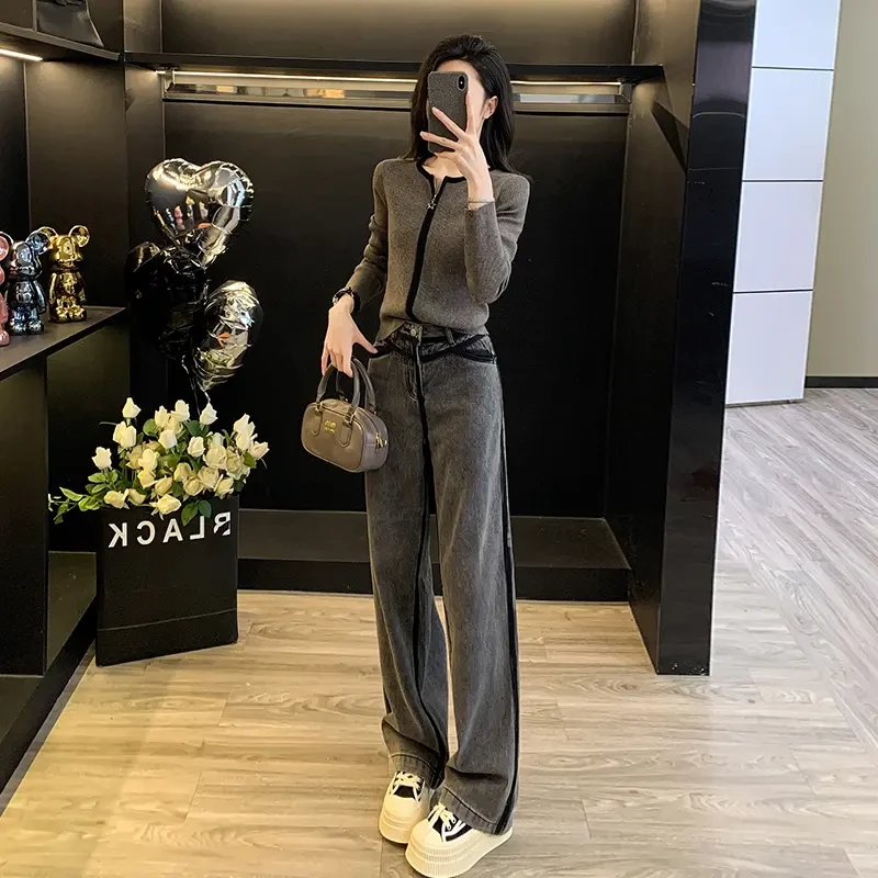 3734+3735灰色时尚休闲减龄女长袖针织衫高腰牛仔长裤打底两件套