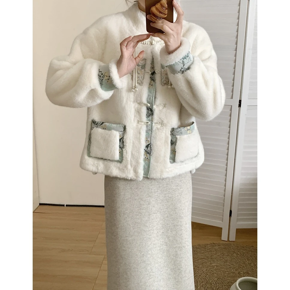 9523复古小香风皮毛一体外套女2023冬季新款国风刺绣新中式上衣潮