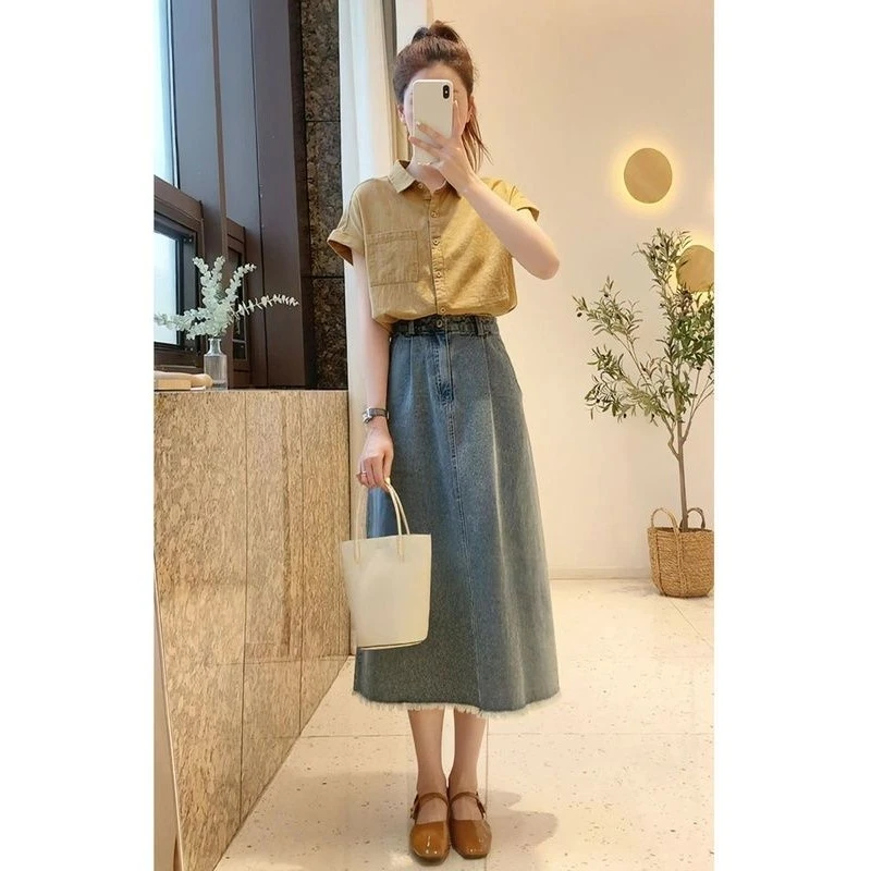 9790夏季设计小众法式大码复古短袖衬衫牛仔A字裙高腰半身裙9790