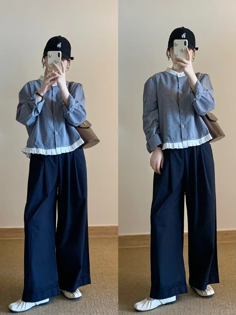 3433秋季新款高级感超好看今年流行条纹衬衫上衣百搭休闲裤两件套