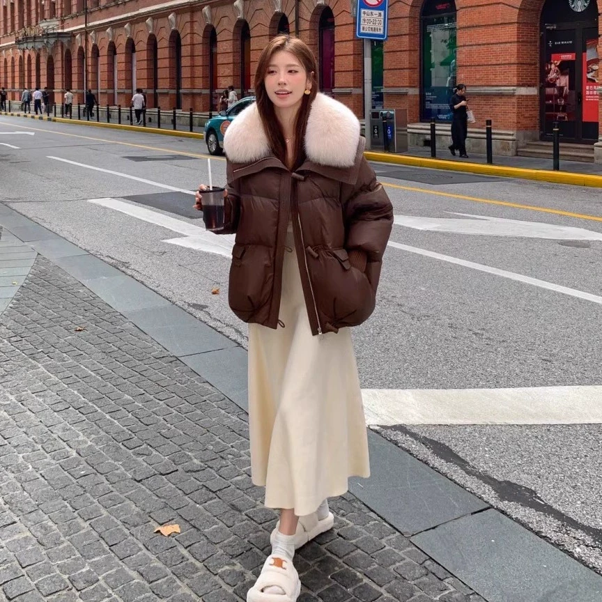 3861韩系美拉德咖色大毛领加绒棉服外套女冬季新款保暖面包服棉衣