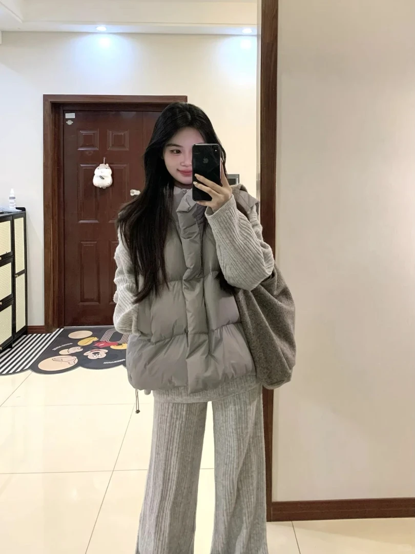 秋冬搭配一整套棉服保暖马甲半拉链翻领宽松毛衣阔腿裤三件套装