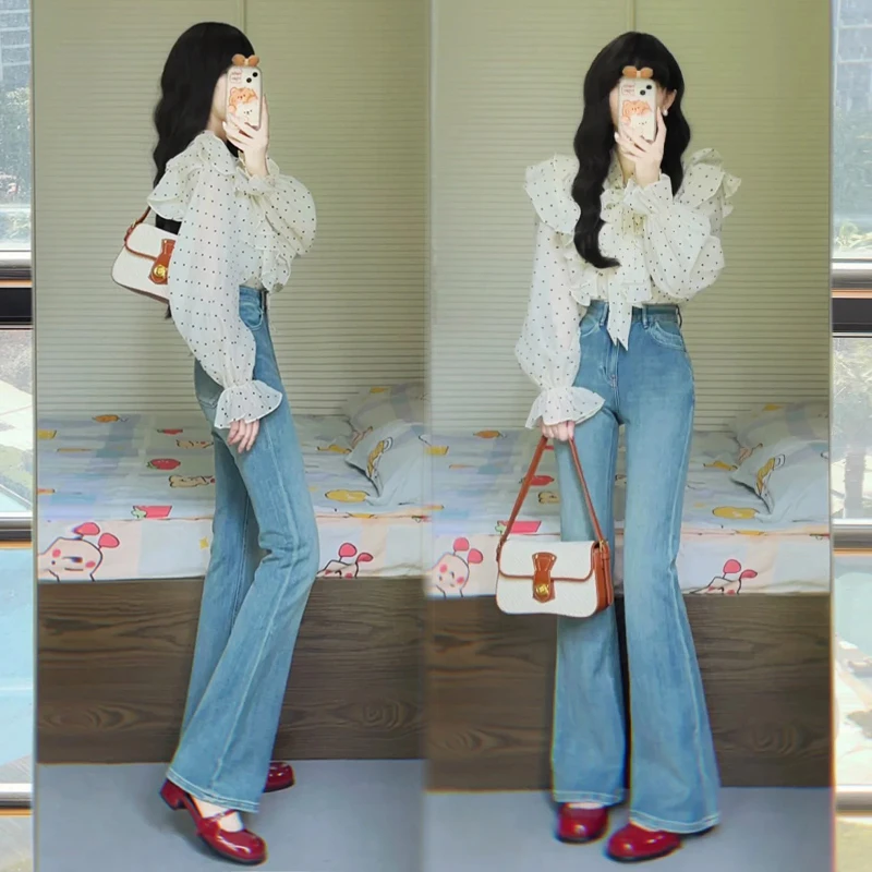 3209一整套法式温柔波点荷叶边长袖衬衫牛仔阔腿裤两件套