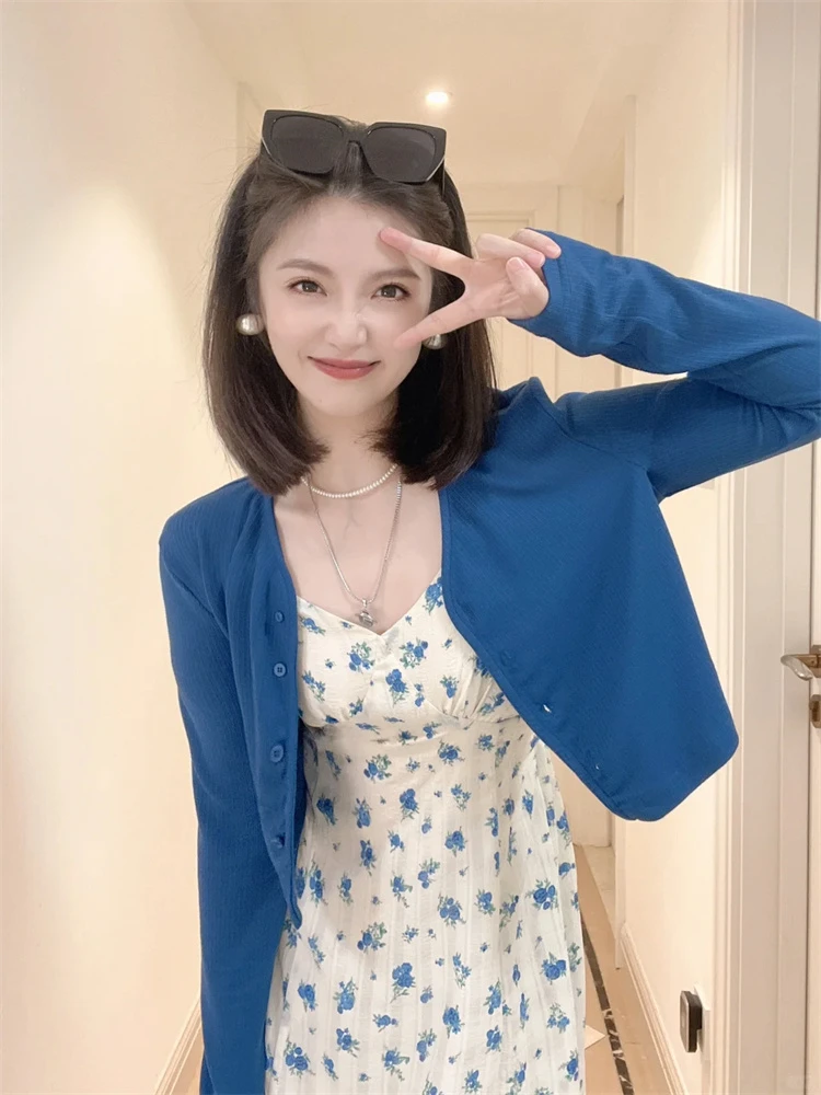 3245+3246小香风套装秋法式百搭蓝色外套配碎花吊带连衣裙两件套