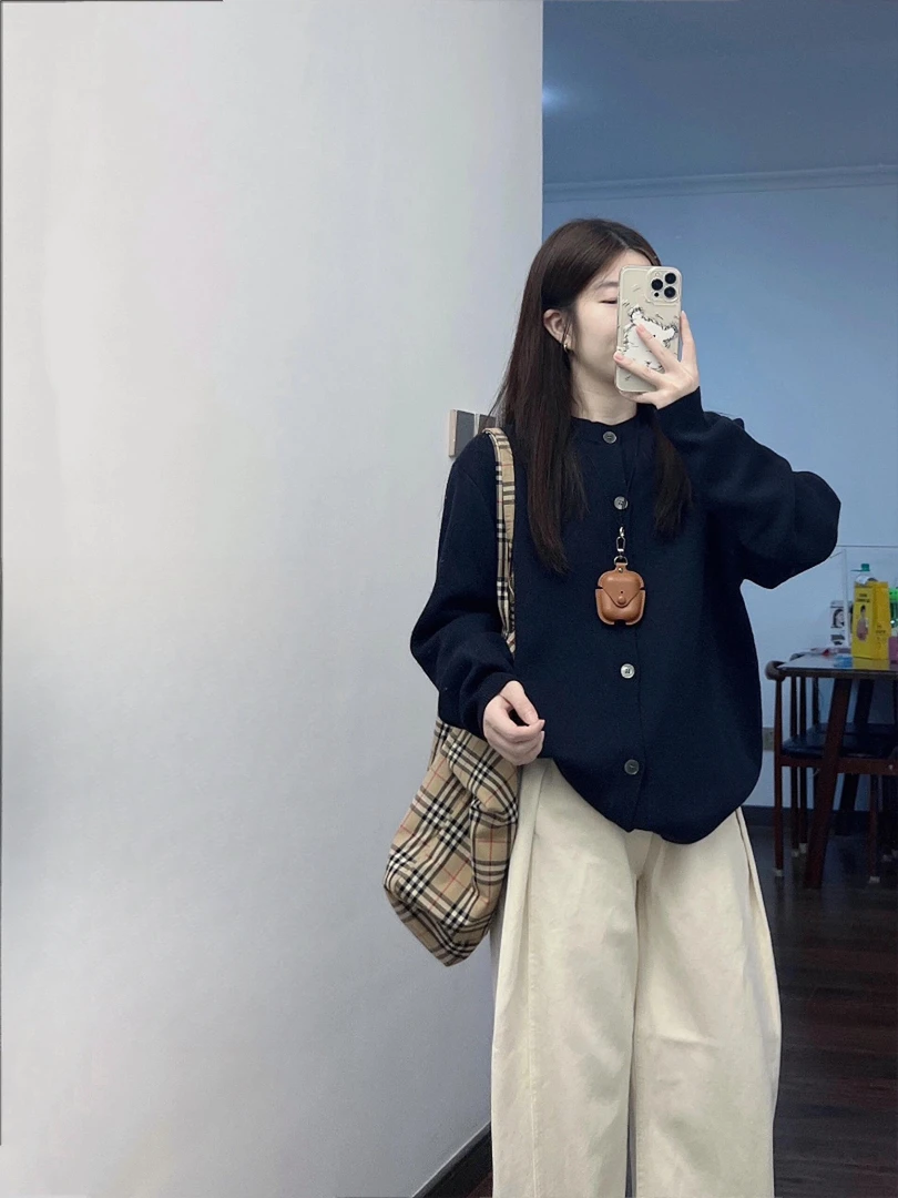 3586+3587秋季小众设计感藏青色宽松针织开衫百搭休闲裤两件套潮