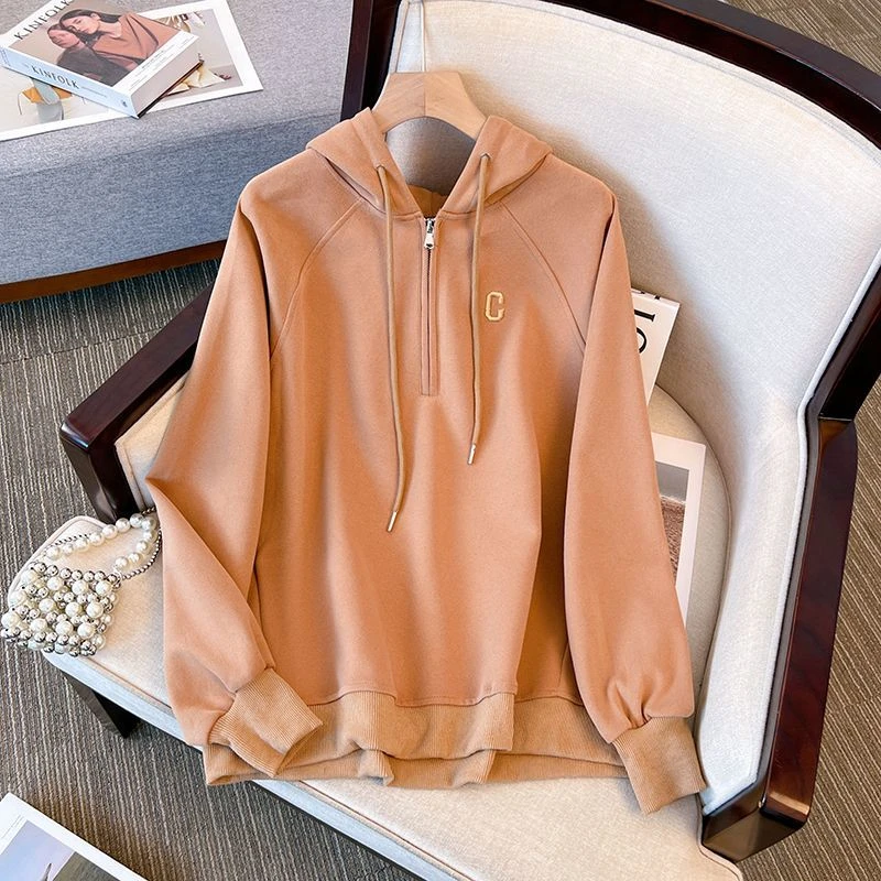 5334秋季新款半拉链设计感宽松美式字母小刺绣连帽长袖卫衣外套