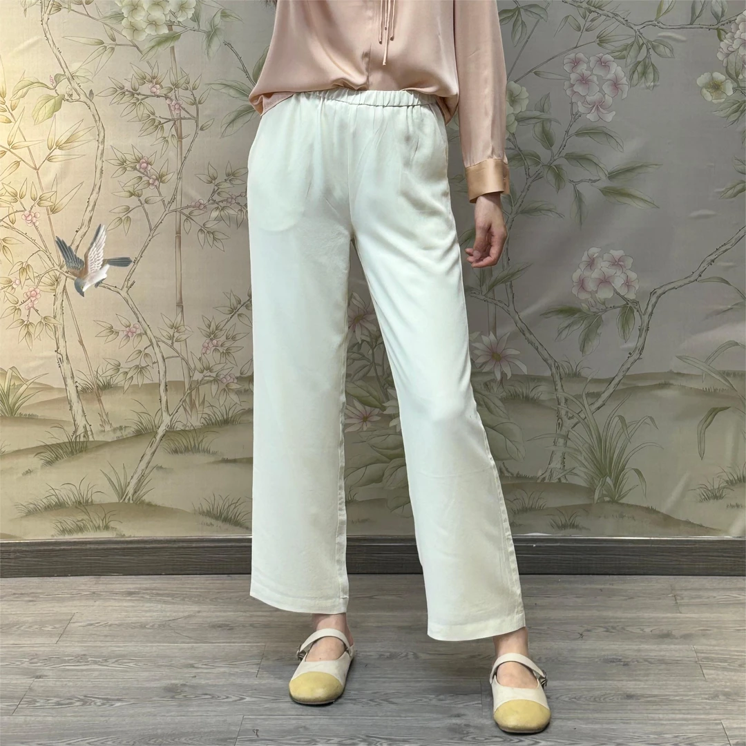 真丝桑蚕丝阔腿裤女夏垂感缎面高腰休闲直筒裤薄款高级感白色