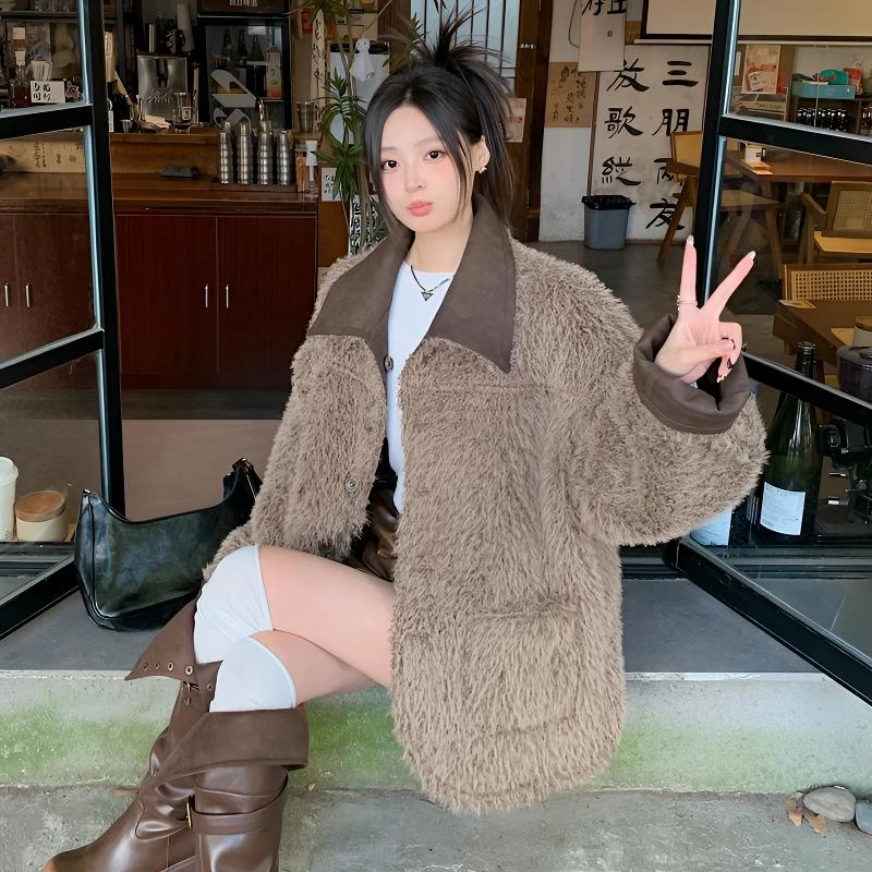 人造皮草 双面穿皮毛一体加厚中长款外套女冬新款宽松机车棉服