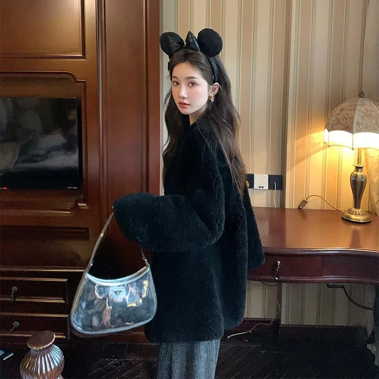 人造皮草 秋冬V领黑色羊羔毛外套女设计感皮毛一体羊羔绒毛毛上衣