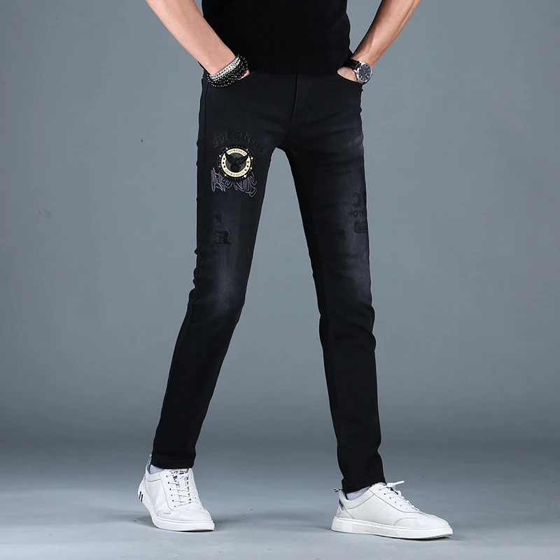 高端轻奢欧美印花牛仔裤男潮牌秋季修身小脚弹力黑色休闲长裤子男