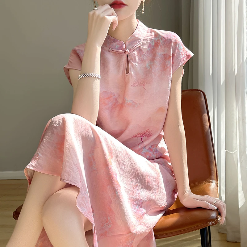 新中式晕染提花旗袍裙2024新款复古国风改良设计立领短袖连衣裙