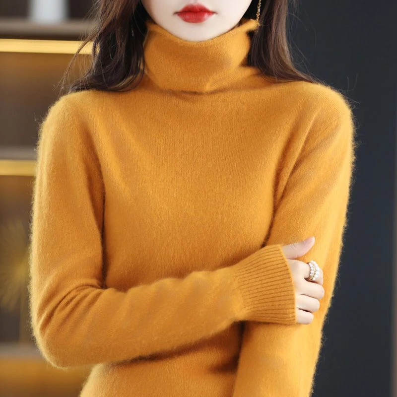 修身纯貂绒衫女堆堆领长袖套头毛衣打底针织百搭纯色秋冬保暖加厚