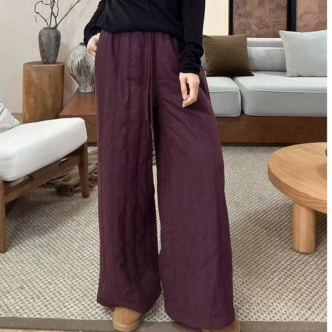 冬季原创复古小众亚麻砂洗百搭休闲加棉阔腿裤女