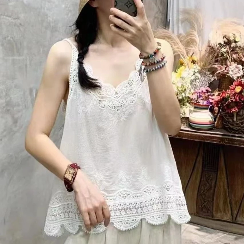 夏季百搭镂空钩花吊带背心
