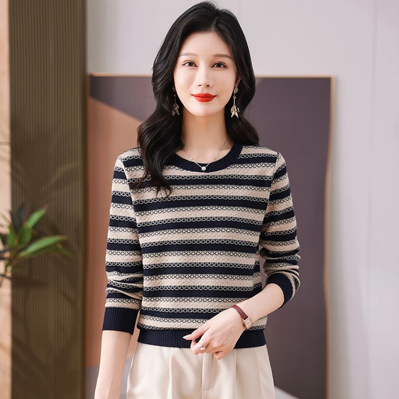 （绵羊毛）2024秋冬新款女装长袖针织衫上衣女士打底衫妈妈装