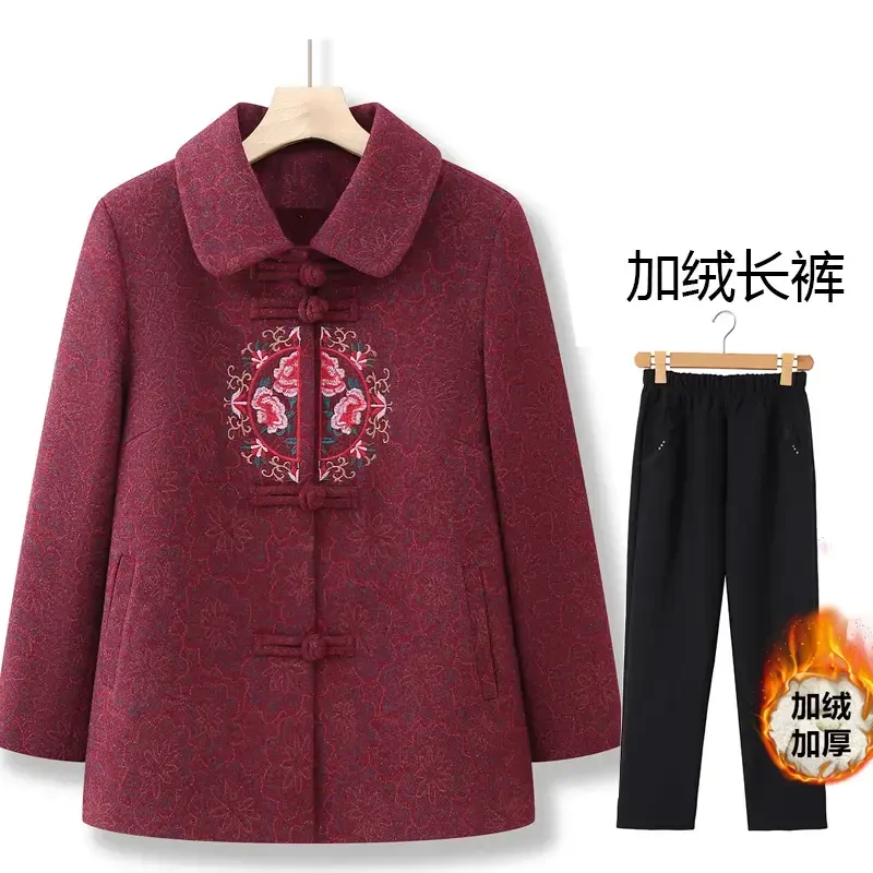妈妈装冬装新款刺绣加绒外套奶奶装冬季加厚保暖上衣老年人衣服