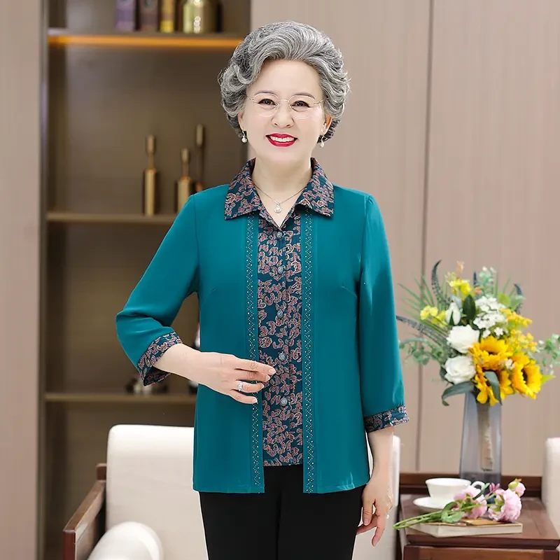 中老年人春装女奶奶装衬衫假两件60-70岁妈妈夏装衬衣老人开衫薄