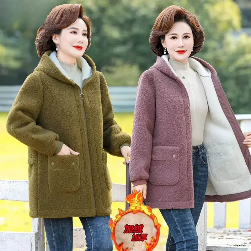 中老年人秋冬装外套女加绒加厚颗粒绒棉衣50岁妈妈棉袄大码棉服