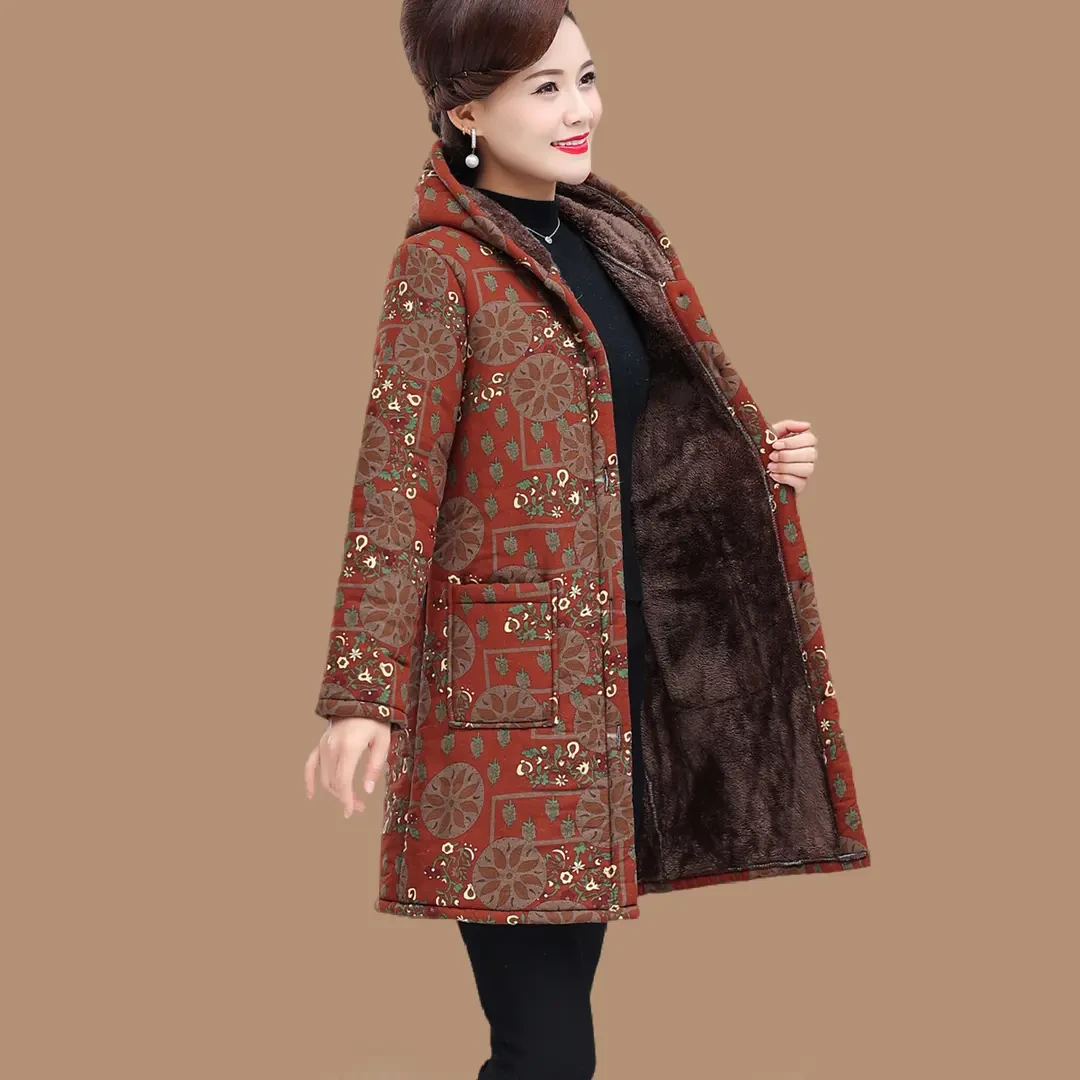 妈妈装秋冬季中长款加绒加厚东北中老年女装碎花连帽棉服外套棉袄