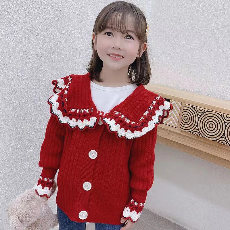 女童开衫毛衣2024年新款秋装亲子款洋气针织衫花边领韩版儿童上衣