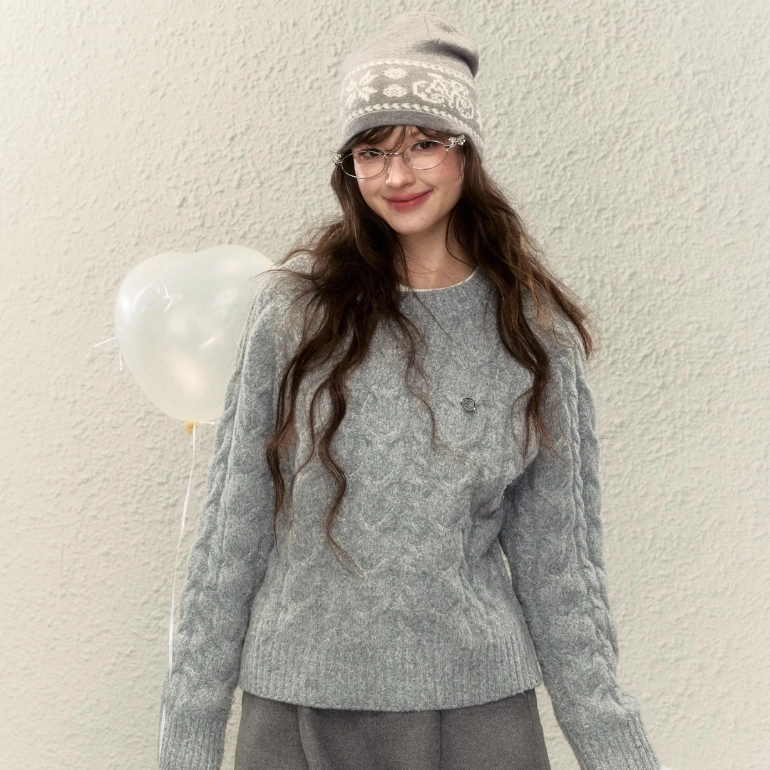 ELEVEN SLEEP【专属】绞花圆领毛针织衫女简约套头上衣加厚保暖毛衣